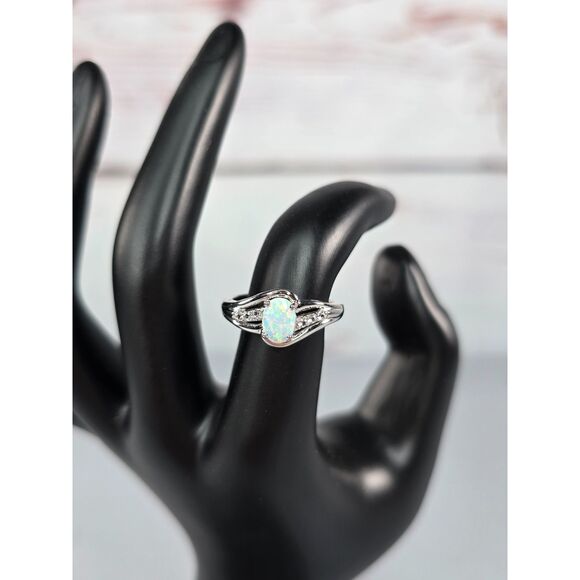 JTV Sterling Silver Opal & CZ Cubic Zirconia Bypass Ring Size 7 - Picture 1 of 5